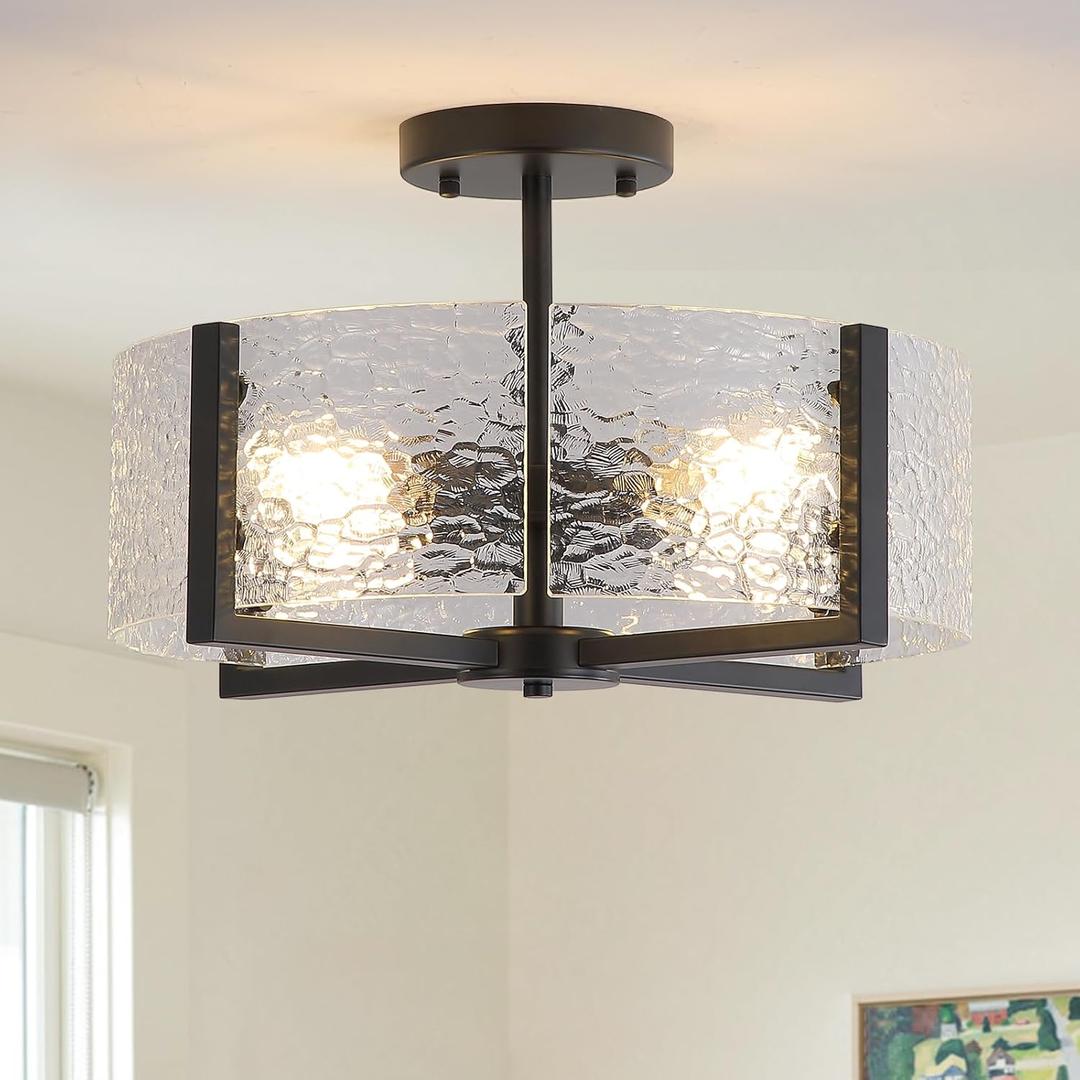 18" Black Large Semi Flush Mount Ceiling Light, 4-Light Farmhouse Ceiling Light, Foyer Light Fixtures Modern Glass Ceiling Mount for Entryway Bathroom Hallway Bedroom Kitchen