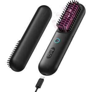 Cordless Hair Straightening Brush, Portable Straightening Brush for TravelPlasma Fast Heating Mini Thermal Hair Straightening Comb with LCD Display, Ceramic Coated Anti-Hot, Black