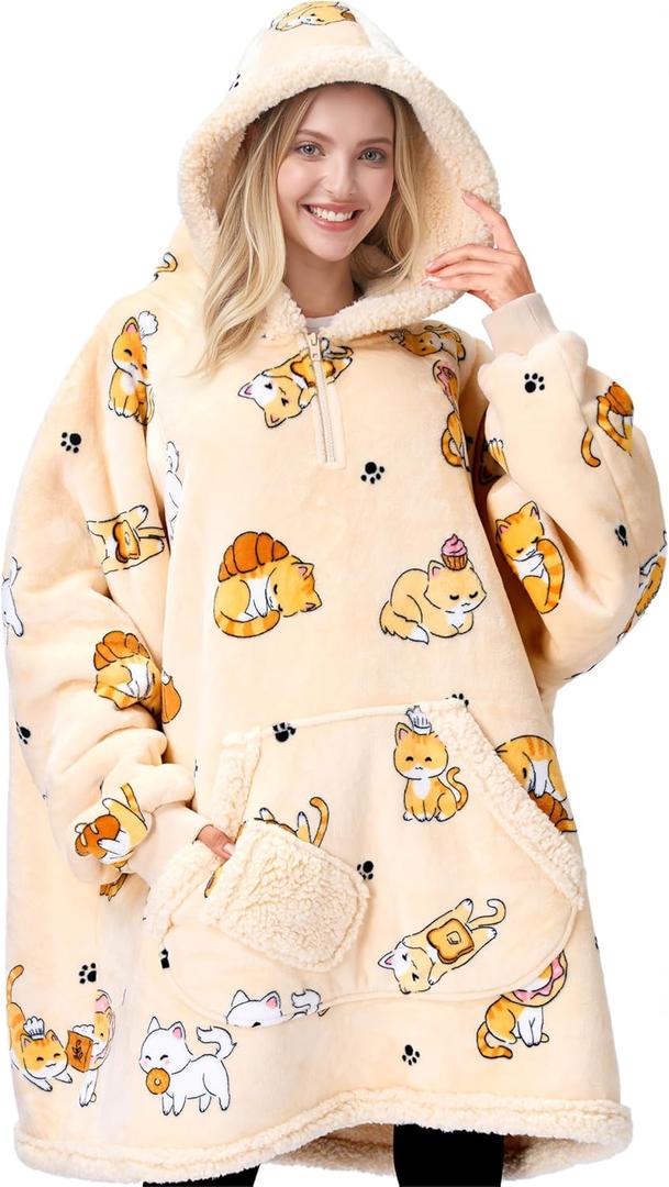 Giggling Getup Wearable Blanket Hoodie for Adults Gifts for Teen Girls Sister Women Sherpa Fleece Printed Hooded Blanket Sweatshirt Warm Cozy with Pocket & Sleeves Beige Cat