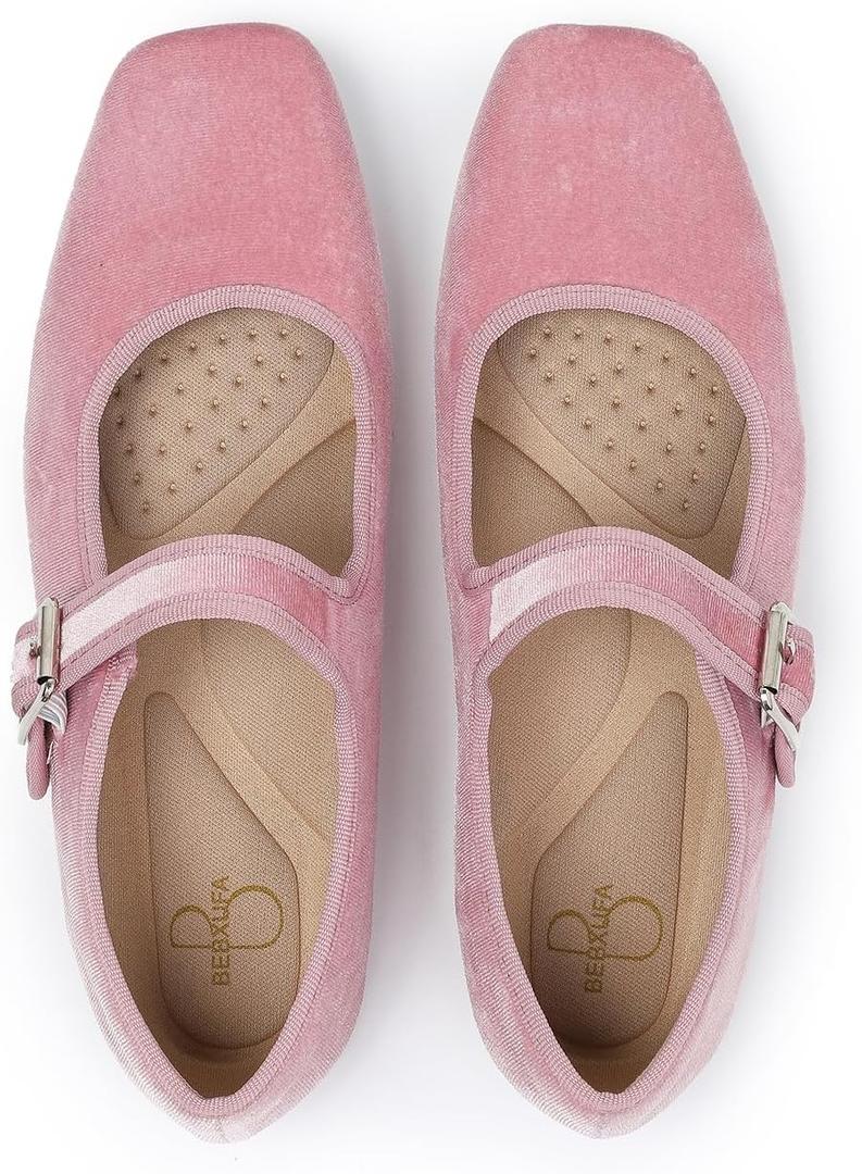 Women's Square Toe Ballet Flats - Mary Jane Shoes with Adjustable Strap, Slip On Comfortable Work Flats,Satin Soft Leather Dressy Shoes (7, Pink)