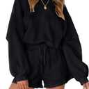 MEROKEETY Women's 2025 Fall Oversized Batwing Sleeve Lounge Sets Casual Top and Shorts 2 Piece Outfits Sweatsuit (Medium, Black)