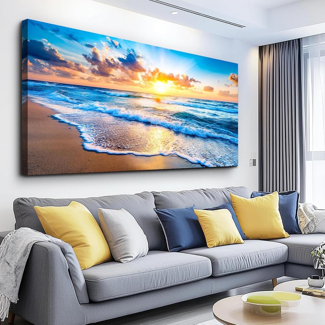 WLWBINTING Large Beach Wall Art, Golden Ocean Waves Seascape Sunset Pictures, Canvas Print for Living Room Bedroom Office Wall Decor, Coastal Landscape Paintings Artwork, Farmhouse Home Decoration, 58"L x 29"W