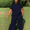 TOPSRANI Womens Plus Size Casual Sweatsuits Lounge Short Sleeve Tracksuit 2 Piece Outfits Baggy Wide Leg Long Pants Sets (Blue, XXXL)