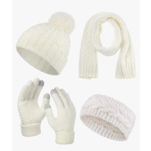 SATINIOR 4 Pcs White Cable Knit Winter Scarf Glove Hat Set Include Beanie Hat Gloves Scarf Headband Small