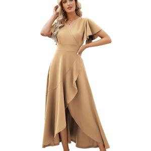 Long Black Formal Dresses for Women Gowns Evening Party Cocktail Dress,Split Elegant V Neck Wrap Ruffle Wedding Guest Dresses (Medium, Khaki)