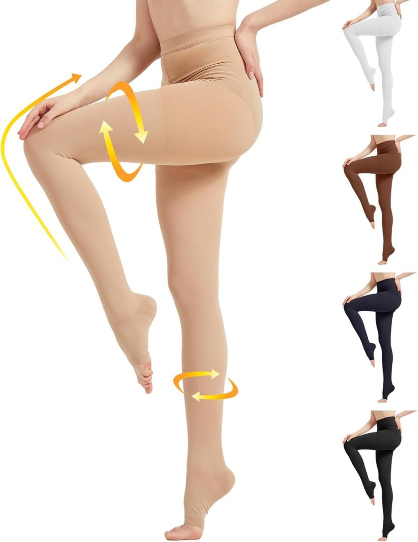 MGANG Medical Compression Pantyhose for Women & Men, 15-20mmHg Graduated Compression Support Tights, Open Toe, Opaque Waist High Compression Stockings for Edema, Varicose Veins, Flight, DVT, Beige XXL