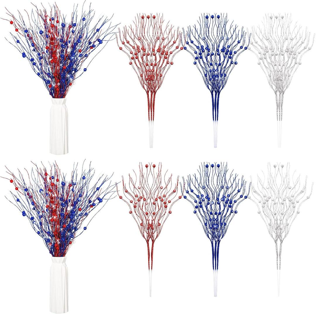Giegxin 16 Pack Red White and Blue Artificial Flowers 17 Inches 4th of July Glitter Sticks Floral Picks Fourth of July Tree Decorations Stem Branches Ornaments for Vase Independence Day Decor