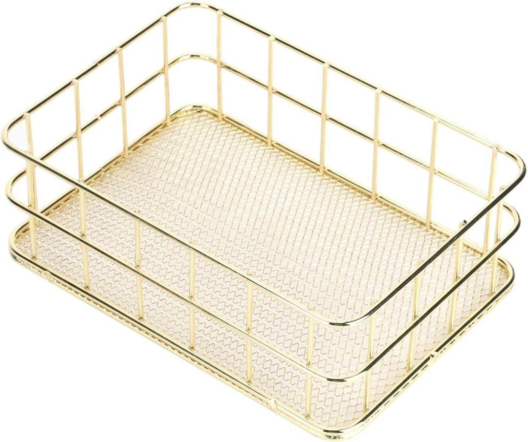 Gold Metal Wire Basket, 6.7 X 4.7 X 2.4in Desktop Metal Storage Basket Gold Wire Storage Organizer Bin Small Desktop Storage Tray for Home Organizing Cabinet Pantry Closet Kitchen Fridge Fruit Makeup