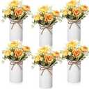 Domensi 6 Sets Wedding Centerpiece for Table Decoration Yellow Artificial Fake Rose Flower with Metal Vase Faux Silk Rose Bouquet Floral Arrangement for Bridal Shower Home Dining