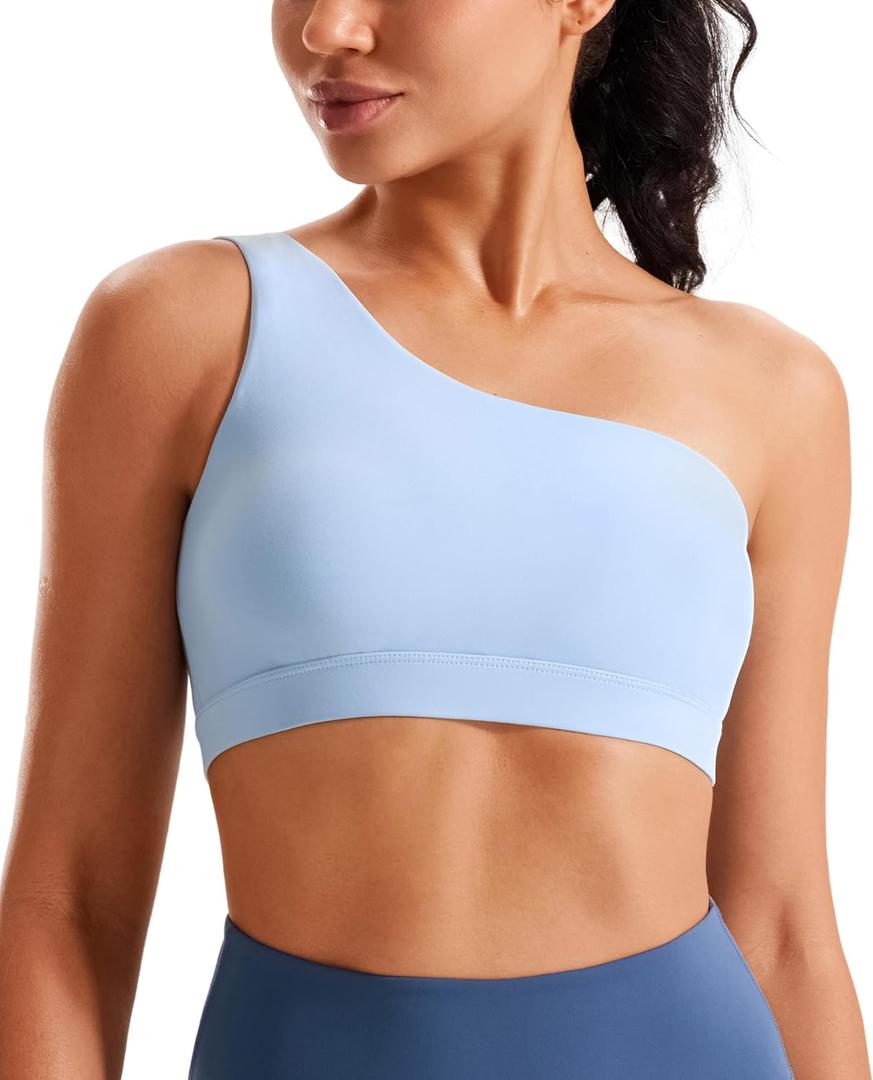 One Shoulder Sports Bras for Women Low Impact Asymmetrical Workout Tops Padded Yoga Right Shoulder Strap Bra (Blue, L)