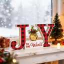 Christmas Table Decorations Indoor Xmas Wooden Joy Tabletop Merry Christmas Centerpieces for Tables Wood Sign Decor Tiered Tray Office Desk Shelf Outdoor Holiday Home Party Mantel Gift Winter Rustic