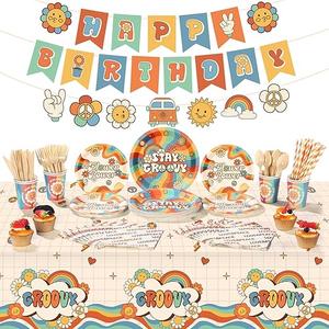 Ctosree 173 Pcs Groovy Party Supplies Include Hippie Boho Tablecloth Groovy Birthday Banner Daisy Hippie Paper Plates Cups Napkins Tableware Set for Retro Boho Birthday Party Decorations