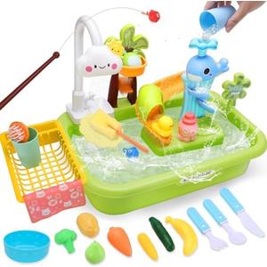 Crelloci Kitchen Sink with Running Water, Upgraded Electric Faucet, Automatic Water Cycle System, Dishwasher Toy, Kids Fishing Toy, Pretend Role Play Sink for Toddlers Boys Girls