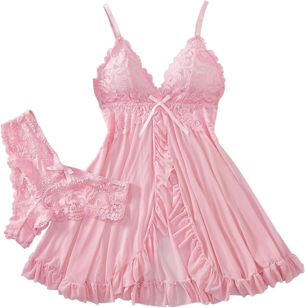 Foxiny Sexy Ruffle Sheer Mesh Lace Wireless Babydoll Lingerie Dress with Thong 2 Piece Women Panty Set Negligee Nighty Night Gown Sleep Wear Ruched See Through Pink Medium