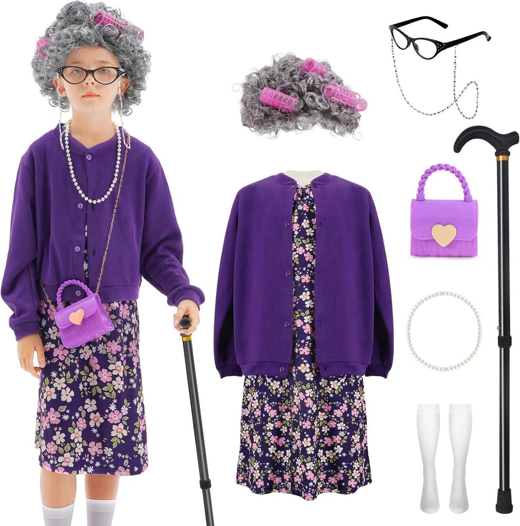 WooWee Kids Girl 100 Days of School Costume, Old Lady Costume for Kids, Halloween Cosplay Dress Up (3-5y, Purple)