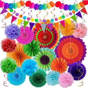 Huryfox Fiesta Party Decorations - 33pcs Colorful Mexican Themed Hanging Paper Fans, Rainbow Pom Poms, Fiesta Bunting and Tissue Paper Streamers for Birthday, Festival, and Rainbow Parties (Multicolor)