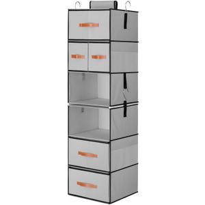 Hanging Closet Organizer 6-Shelf, Upgrade Hanging Shelves for Closet with 5 Removable Drawers & Side Pockets, Hanging Shelf Organizer for Bedroom or Garment Rack, 12.6'' x 12.6'' x 44.1'', Gray