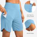 Soothfeel Women's 7" Athletic Running Long Shorts with Pockets High Waisted Bermuda Shorts for Women Workout Walking Casual (Blue, XL)