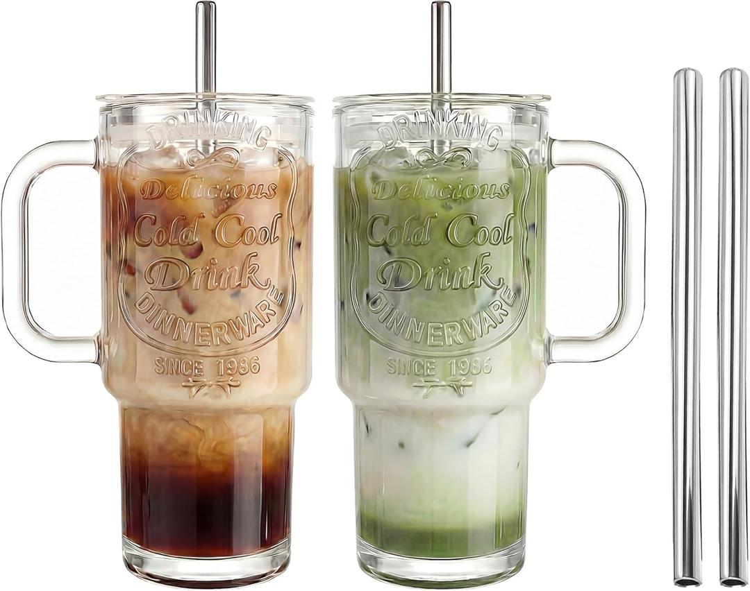 QWEZXO 18oz Glass Cup with Lids and Straws 2pcs Glass Tumbler with Handle, Wide-Mouth Ice Coffee Cup Resuable Mason Jar Drinking Glasses for Water, Smoothie, Milk, Cocktail & More