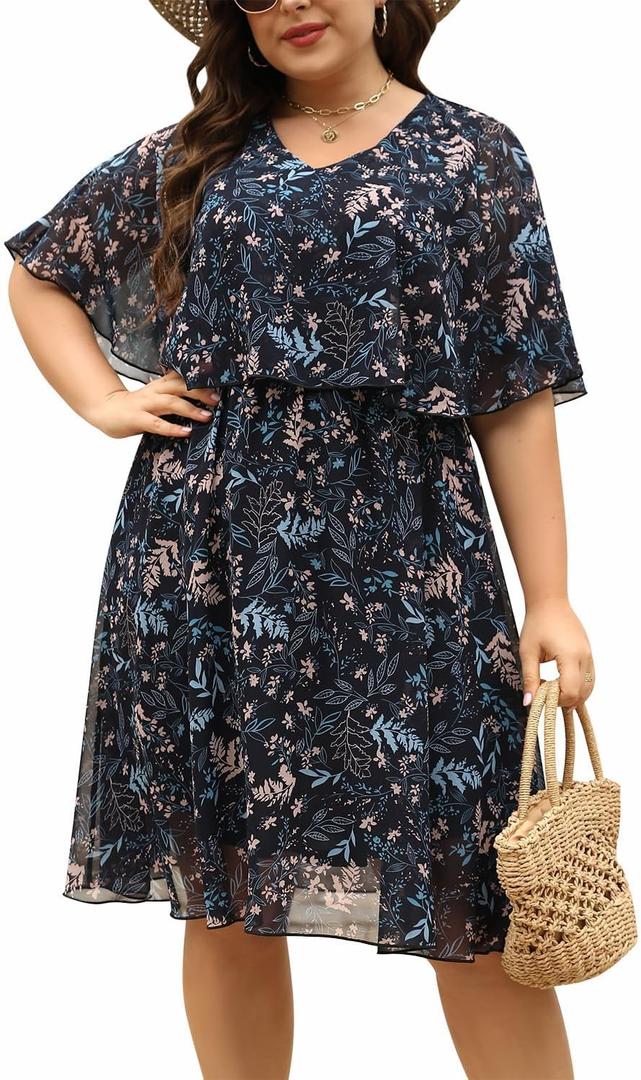 Keluummi Plus Size Summer Wedding Guest Dress for Curvy Women, Casual Boho Floral Empire Waist Midi Flowy Dress with Sleeve (Black, XXXL)