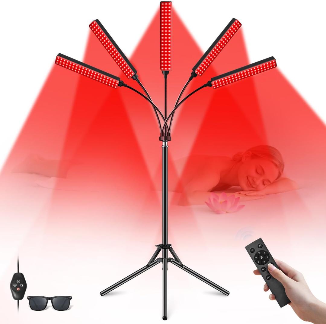 Cholas Red Light Therapy for Face Body, 5 Heads Red Infrared Light Therapy Devices with Stand, 5 Levels Adjustable Brightness 660nm and 850nm LED Near Infrared Light for Full Body, Face, Skin, Muscle