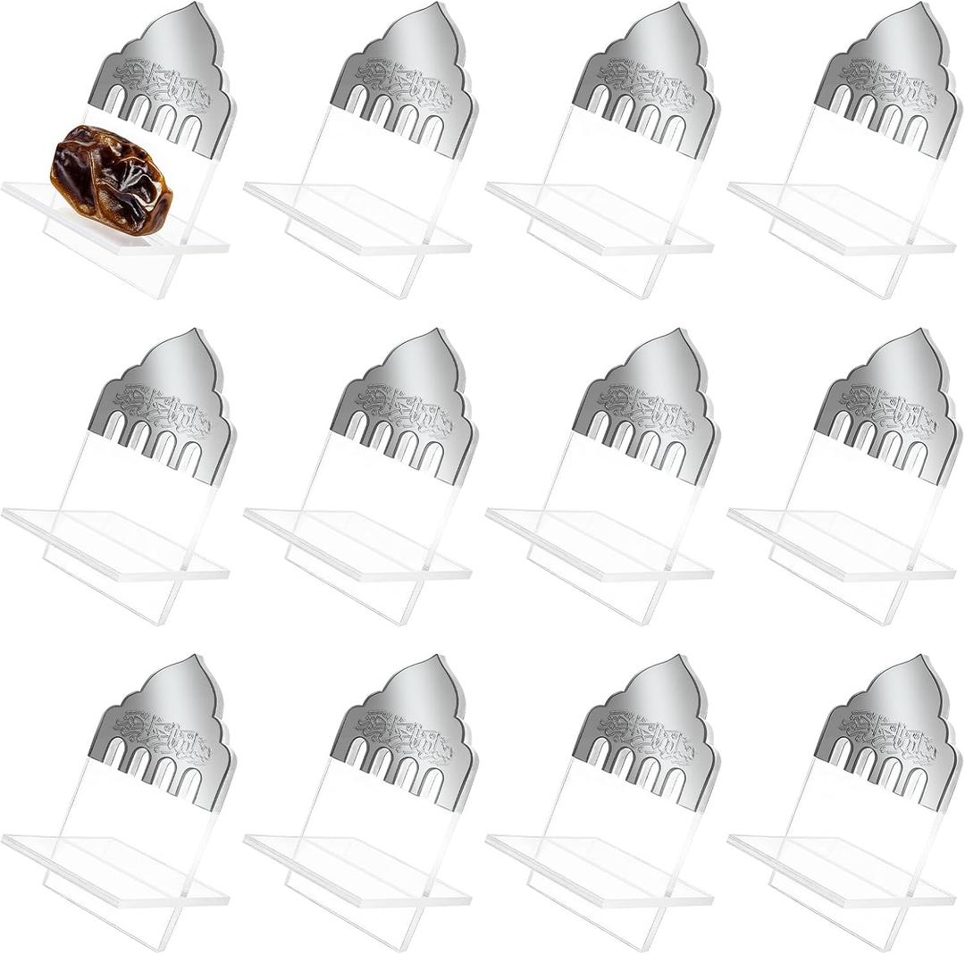Potchen 12 Pack Ramadan Date Holders Acrylic Glass Bismillah Islamic Calligraphy Date Stands Home Table Centrepiece Decorations for Eid Ul Fitr Fasting Ramazan Adha Gifts Party Favors(Dome,Silver)