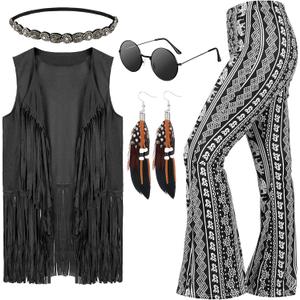 Leumoi 5 Pcs 60s 70s Costume for Women Disco Outfits Hippie Accessories Fringe Vest Boho Flared Pants Set for Carnival (X-Large, Classic)