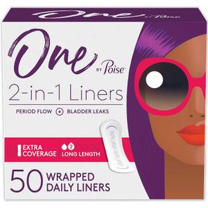 One by Poise Panty Liners (2-in-1 Period & Bladder Leakage Daily Liner), Long, Extra Coverage for Period Flow, Very Light Absorbency for Bladder Leaks, 50 Count