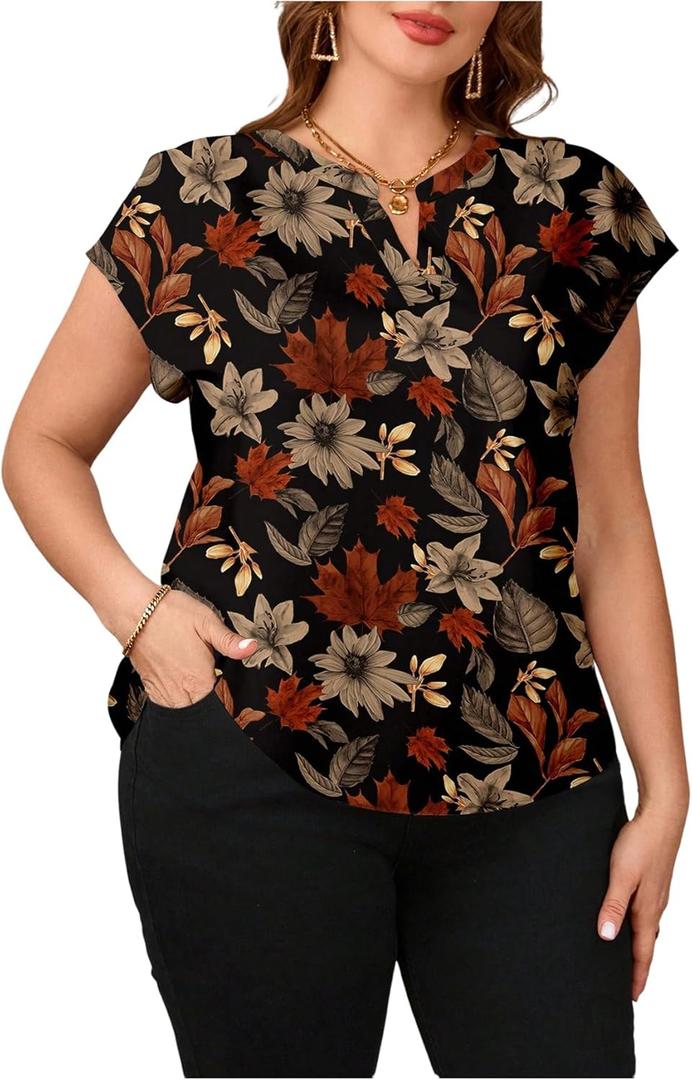 BEAUDRM Women's Plus Size Floral Blouse Retro Cap Sleeve V Neck Vacation Going Out Tops Shirt (XL)
