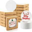 Fullhawl 12 Set Sublimation Ornament Blanks with Gift Box 2.9" Christmas Ornaments Ceramic Discs Ornaments Bulk Packaging Box for Personalized Xmas Tree Heat Press Printing(Kraft Paper)
