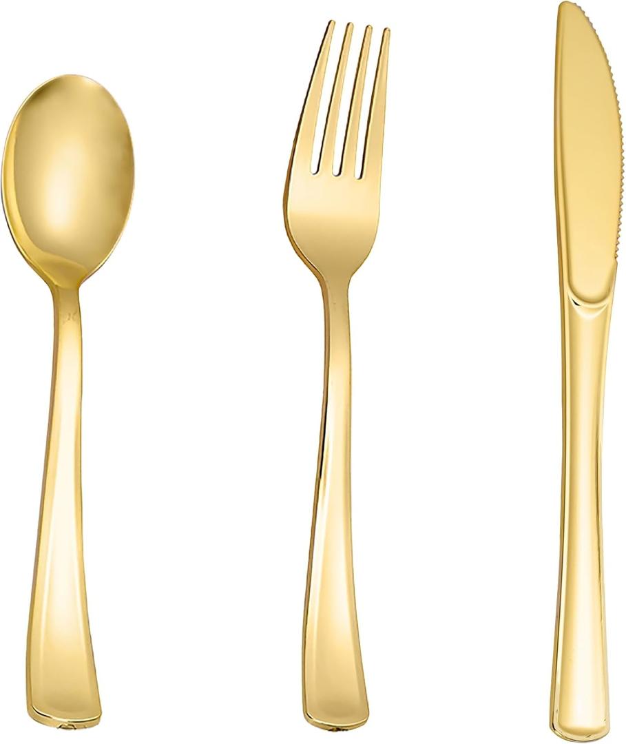 N9R 200pcs Gold Plastic Silverware - Disposable Gold Plastic Silverware Cutlery Set, 100 Forks, 50 Spoons, 50 Knives for Party, Birthday, Wedding (Gold-200pcs)