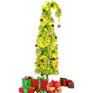 52pcs 7.5 Ft Artificial Lighted Christmas Tree with Stand Bendable Christmas Tree with String Lights Ball Bow Whimsical Plastic Prelit Xmas Trees Holiday Party Decoration for Room Home Office Decor