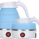 Travel Kettle Electric Small Foldable Portable Kettle,Silicone Collapsible Heating Water Boiler Tea Pot for Camping,Easy for Storage with Separable Power Cord (Blue pro)