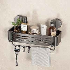 VOLPONE Shower Caddy Suction Shower Shelf No Drilling Shower Organizer Suction Cup Shower Storage Rack Aluminum Wall Mounted Shampoo Holder with Towel Bar Hooks (1-Pack, Matte Gray)