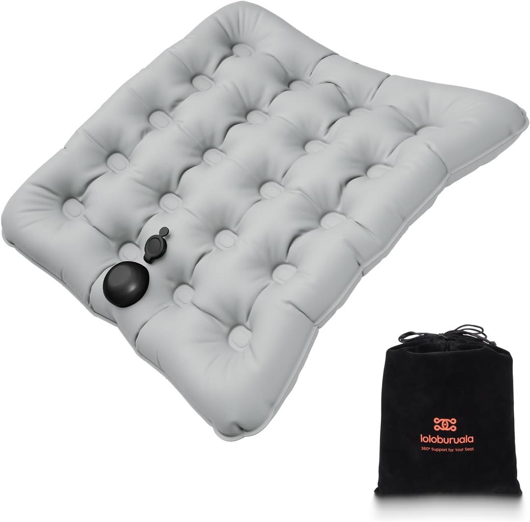 Lumbar Support Pillow, Inflatable Seat Cushion, Lightweight Car Back Cushion, Portable Chair Seat & Back Cushions for Office, Flight, Workplace, Gray Stadium Cushions with TPU