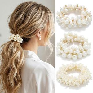 CAKURE Pearl Hair Ties Fancy Ponytail Holder White Elastic Hair Bands Pearl Hair Accessories for Women (Pack of 3)