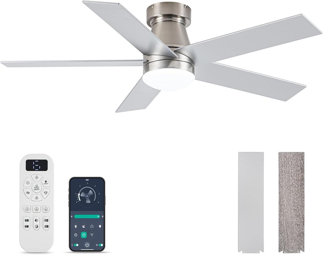 Ceiling Fans with Lights and Remote Control, Brushed Nickel Flush Mount Ceiling Fan with Light 3-Color Dimmable, Memory for Lighting and Fan Reversible, 6-Speed, Timer, Indoor/Outdoor Use, 47 Inch