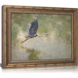Vintage Gold Framed Heron Wall Art, Retro Impressionist Wetland Coastal Bird Oil Painting Canvas Print, Antique Blue Heron Wall Decor, Rustic Nature Cottagecore Poster Artwork for Bedroom Living Room, 24"L x 16"W