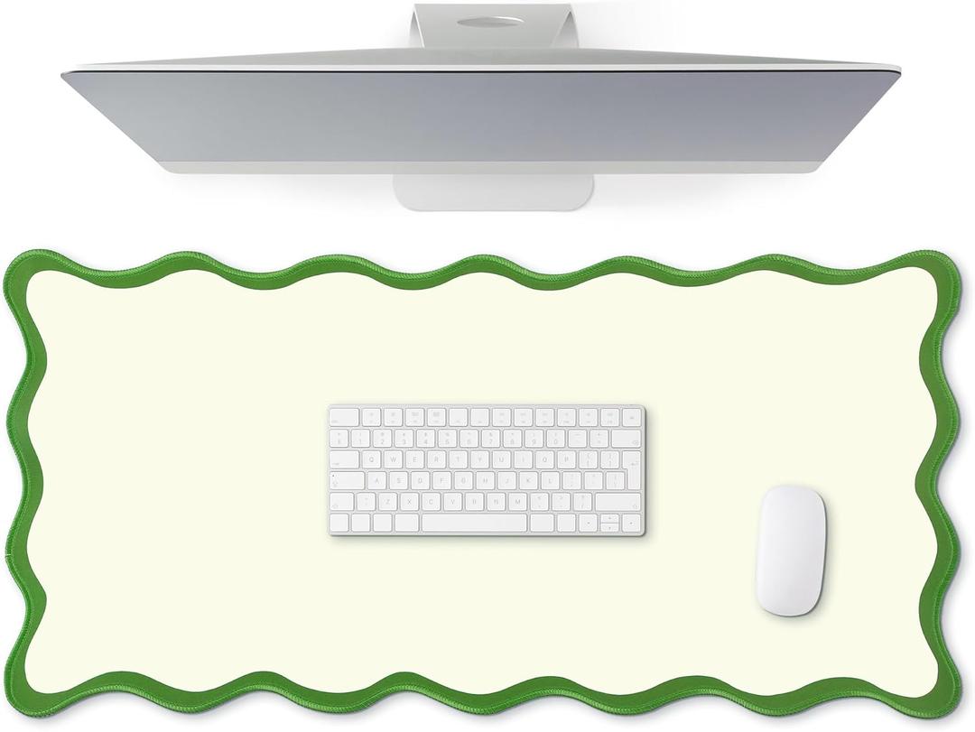 Scalloped Desk Mat Large Scalloped Piping Cute Desk Mat Aesthetic Preppy Table Pad Large Nonslip Pad with Edge Stitching Waterproof Gaming(Green,31.5 x 15.75 Inches)