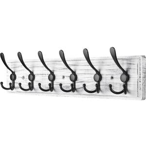 Coat Rack Wall Mount, Wooden Heavy Duty Coat Rack for Wall,6 Triple Coat Hanger Hooks for Hanging Coats,Jacket,Hat,Clothes (Grey White, 6 Hooks)