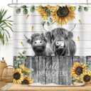 Farmhouse Highland Cow Shower Curtain Sunflower Funny Cattle Farm Western Wooden Fence Rustic Country Home Bathroom Decor Waterproof Fabric 72Lx72W Inch with 12PCS Hooks