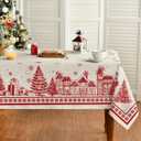 Horaldaily Christmas Tablecloth 5270 Inch Rectangular, Beige Snow House Pine Trees Washable Table Cover for Party Picnic Dinner Decor