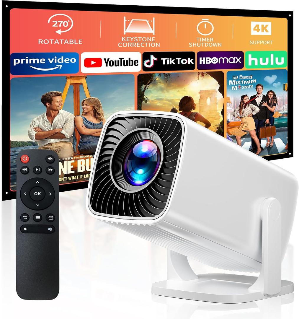 Mini Projector with 4K Support, Portable Projector with Electric Focus & Keystone, 270 Rotatable Stand, Short Throw Home & Outdoor Movie Projector Compatible with TV Stick, Phone & Laptop