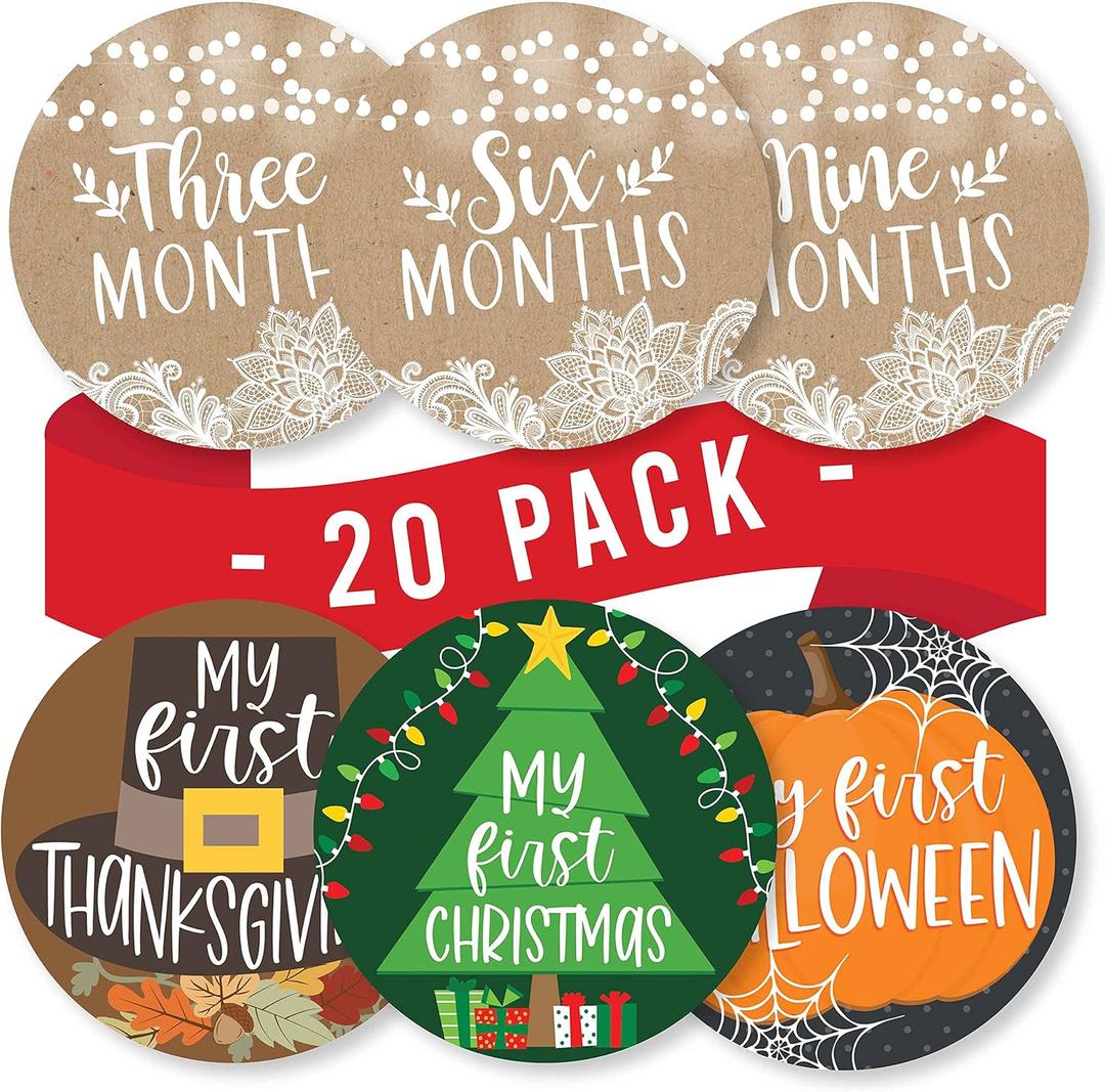 6 x Hadley Designs 20 Monthly Milestone Stickers for Baby Boy or Girl, Monthly Markers for Newborn Photos, Cute Month Labels for Growth Tracking, Gender Reveal or Shower Gift (Rustic)