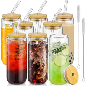 20 Oz Drinking Glasses with Bamboo Lids and Glass Straw - 8 Pcs Glass Cups Beer Ice Coffee Glasses Cute Aesthetic Cup Great for Coffee Bar Accessories Include 2 Cleaning Brushes