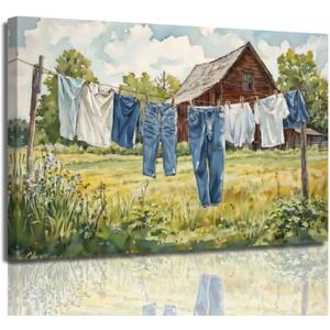 ZSHARTSWD Laundry Wall Art Laundry Room Canvas Prints Clothesline Pictures Rustic Farmhouse Painting for Bathroom Wash Room Laundromat Hotel Home Decor Framed (White, 12.00" x 18.00")