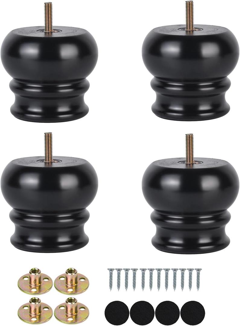 Michanco 3 Inch Chunky Bun Feet Set of 4 Wood Legs for Furniture Replacement Wooden Black Feet for Sofa Couch Ottoman Screw in