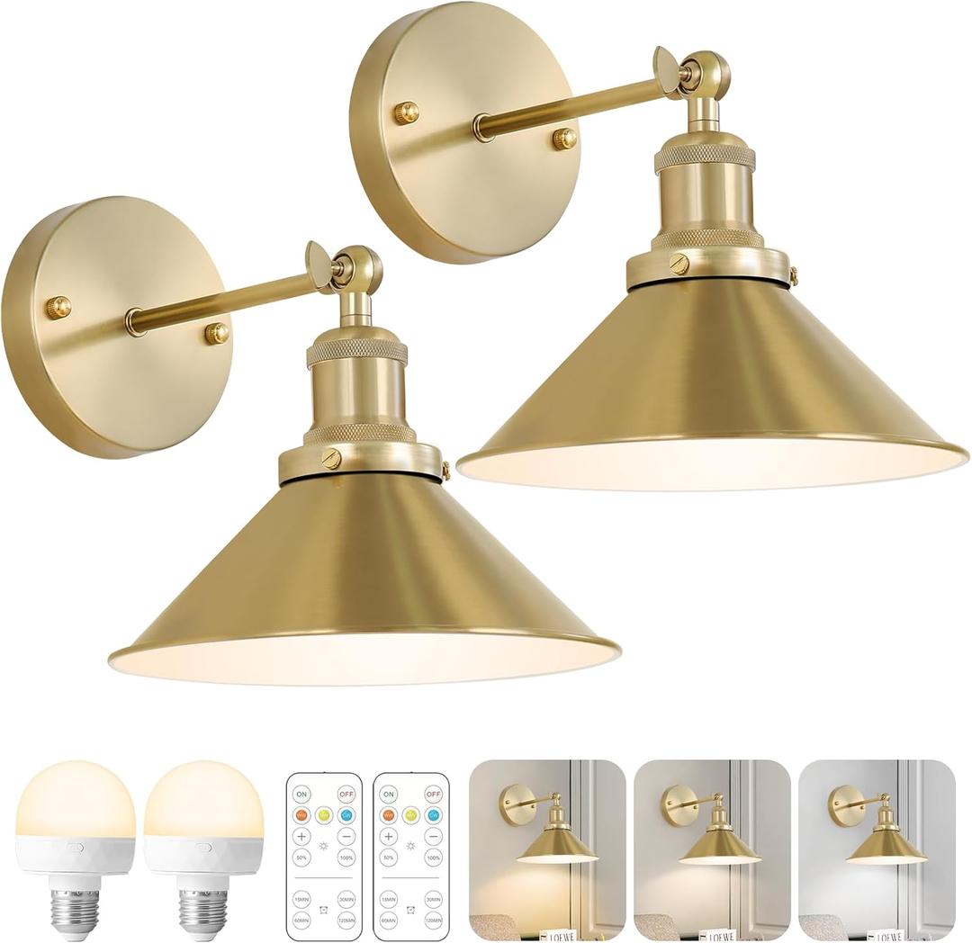 Bailoch Gold Vintage Wireless Battery Operated Wall Sconces, Rechargeable Cordless Battery Powered Led Wall Lights Set of 2, Wall Lamp Fixture Indoor with Remote Control for Bedroom Farmhouse Gallery