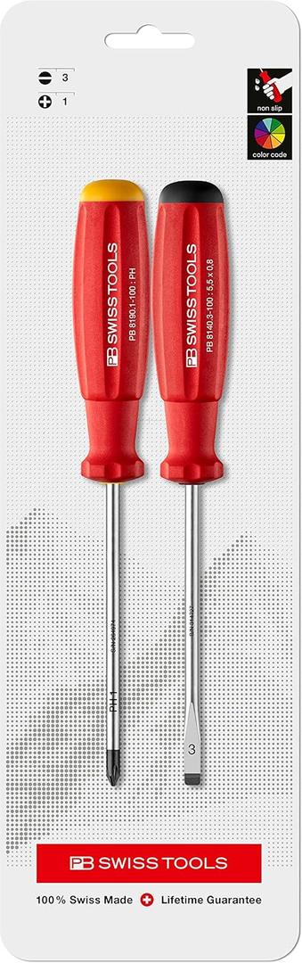 PB Swiss Tools - SwissGrip Screwdriver Set for Slotted size 3 and Phillips Screws size 1, Model #8261.CN, Set of Two Screwdrivers, Screwdrivers