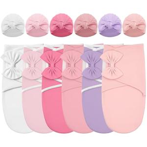 Ramede 6 Pack Swaddle Blanket with Hats for Baby Girl Boy 100% Cotton Swaddles 0-3 Months, Adjustable Breathable Skin Friendly Receiving Blanket Wrap, Essential for Newborns(Bow,Solid Color)
